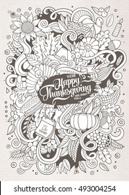 Cartoon cute doodles hand drawn Thanksgiving illustration. Sketchy detailed, with lots of objects background. Funny vector artwork