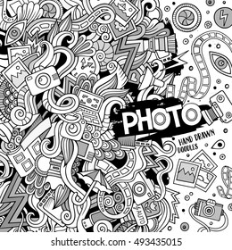 Cartoon cute doodles hand drawn photo illustration. Line art detailed, with lots of objects background. Funny vector artwork. Sketch picture with photography theme items. Square composition