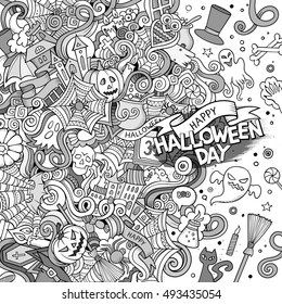 Cartoon cute doodles hand drawn Happy Halloween frame design. Line art detailed, with lots of objects background. Funny vector illustration. Sketchy border