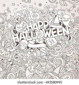 Cartoon cute doodles hand drawn Happy Halloween illustration. Bright colors picture with holiday theme items.