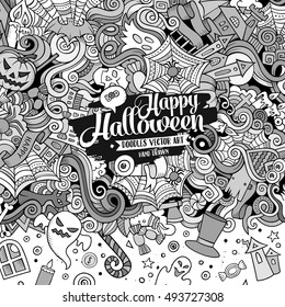 Cartoon cute doodles hand drawn Happy Halloween frame design. Line art detailed, with lots of objects background. Funny vector illustration. Sketchy border