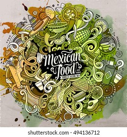 Cartoon cute doodles hand drawn Mexican food illustration. Line art detailed, with lots of objects background. Funny vector artwork. Watercolor picture with Mexico cuisine theme items