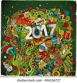 Cartoon cute doodles hand drawn New Year illustration. Picture with New Year theme items. Doodle inscription 2017. Colorful detailed, with lots of objects background. Funny vector artwork.