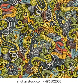 Cartoon cute doodles hand drawn Electric vehicle seamless pattern. Colorful detailed, with lots of objects background. Endless funny vector illustration. backdrop with eco cars symbols and items