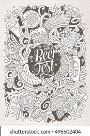 Cartoon cute doodles hand drawn Oktoberfest illustration. Line art detailed, with lots of objects background. Funny vector artwork. Sketched picture with Beer fest theme items.