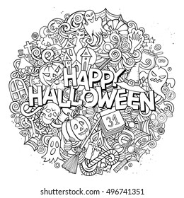 Cartoon cute doodles hand drawn Halloween inscription. Line art illustration with holiday theme items. Detailed, with lots of objects background. Funny vector artwork