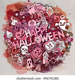 Cartoon cute doodles hand drawn Halloween inscription. Watercolor illustration with holiday theme items. Detailed, with lots of objects background. Funny vector artwork