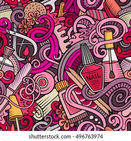 Cartoon cute doodles hand drawn Manicure seamless pattern. Colorful detailed, with lots of objects background. Endless funny vector illustration. Bright colors backdrop with nail symbols and items
