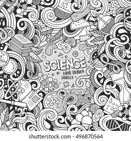 Cartoon cute doodles hand drawn Science frame design. Line art detailed, with lots of objects background. Funny vector illustration. Sketchy border with scientific theme items
