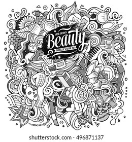 Cartoon cute doodles hand drawn cosmetics frame design. Line art detailed, with lots of objects background. Funny vector illustration. Sketchy illustration with beauty theme items