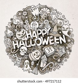 Cartoon cute doodles hand drawn Halloween inscription. Line art illustration with holiday theme items. Detailed, with lots of objects background. Funny vector artwork