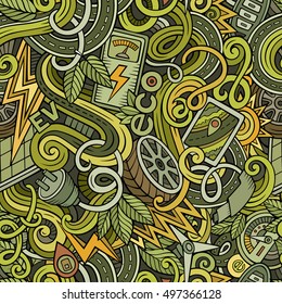 Cartoon cute doodles hand drawn Electric vehicle seamless pattern. Colorful detailed, with lots of objects background. Endless funny vector illustration. backdrop with eco cars symbols and items