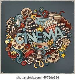 Cartoon cute doodles hand drawn Cinema inscription. Colorful illustration with movie theme items. Line art detailed, with lots of objects background. Funny vector artwork