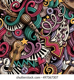 Cartoon cute doodles hand drawn Musical seamless pattern. Colorful detailed, with lots of objects background. Endless funny vector illustration. Bright colors backdrop with music symbols and items