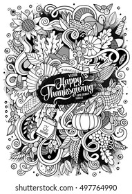 Cartoon cute doodles hand drawn Thanksgiving illustration. Sketchy detailed, with lots of objects background. Funny vector artwork