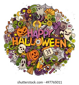 Cartoon cute doodles hand drawn Halloween inscription. Colorful illustration with holiday theme items. Detailed, with lots of objects background. Funny vector artwork