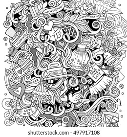 Cartoon cute doodles hand drawn wedding illustration. Sketch detailed, with lots of objects background. Funny vector artwork. Line art picture with love items