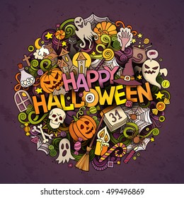 Cartoon cute doodles hand drawn Halloween inscription. Colorful illustration with holiday theme items. Detailed, with lots of objects background. Funny vector artwork