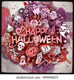 Cartoon cute doodles hand drawn Halloween inscription. Watercolor illustration with holiday theme items. Detailed, with lots of objects background. Funny vector artwork