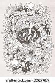 Cartoon cute doodles hand drawn social media illustration. Line art detailed, with lots of objects background. Funny vector artwork. Sketchy picture with internet theme items