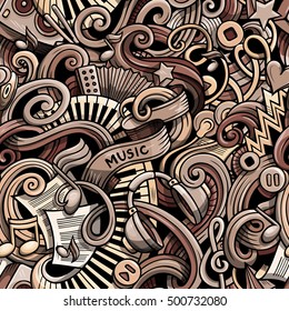 Cartoon cute doodles hand drawn Musical seamless pattern. Monochrome detailed, with lots of objects background. Endless funny vector illustration. Backdrop with music symbols and items