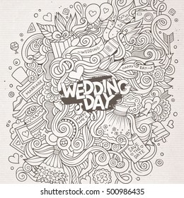 Cartoon cute doodles hand drawn wedding illustration. Sketch detailed, with lots of objects background. Funny vector artwork. Line art picture with love items