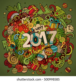 Cartoon cute doodles hand drawn New Year illustration. Picture with New Year theme items. Doodle inscription 2017. Colorful detailed, with lots of objects background. Funny vector artwork.