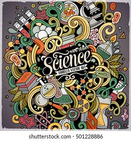 Cartoon cute doodles hand drawn Science illustration. Colorful detailed, with lots of objects background. Funny vector artwork