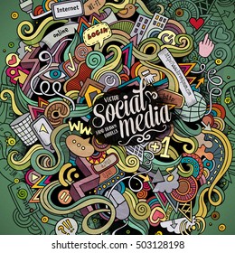 Cartoon cute doodles hand drawn social media illustration. Colorful detailed, with lots of objects background. Funny vector artwork. Bright colors picture with internet theme items