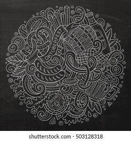 Cartoon cute doodles hand drawn Beer illustration. Line art detailed, with lots of objects background. Funny vector artwork. Chalkboard picture with Beer fest theme items.