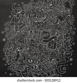 Cartoon cute doodles hand drawn Halloween illustration. Chalkboard detailed, with lots of objects background. Funny vector artwork. Line art picture with holiday theme items.