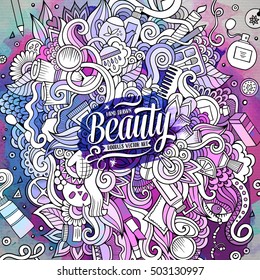 Cartoon cute doodles hand drawn cosmetics frame design. Line art detailed, with lots of objects background. Funny vector illustration. Watercolor illustration with beauty theme items