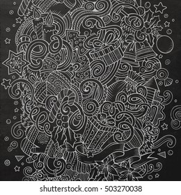 Cartoon cute doodles hand drawn New Year illustration. Chalkboard detailed, with lots of objects background. Funny vector artwork