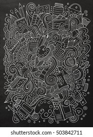 Cartoon cute doodles hand drawn Artistic illustration. Chalk board detailed, with lots of objects background. Funny vector artwork
