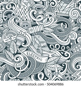 Cartoon cute doodles hand drawn Electric vehicle seamless pattern. Line art detailed, with lots of objects background. Endless funny vector illustration. backdrop with eco cars symbols and items