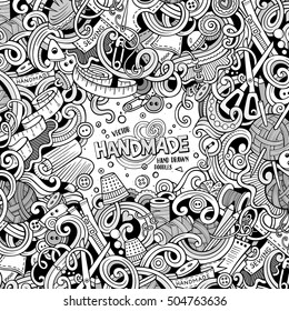 Cartoon cute doodles hand drawn hand made frame design. Line art detailed, with lots of objects background. Funny vector illustration. Sketchy border with handmade theme items