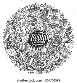 Cartoon cute doodles hand drawn cosmetics frame design. Line art detailed, with lots of objects background. Funny vector illustration. Sketchy illustration with beauty theme items