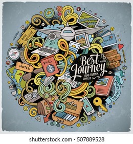 Cartoon cute doodles hand drawn traveling illustration. Colorful detailed, with lots of objects background. Funny vector artwork. Bright colors picture with travel planning theme items