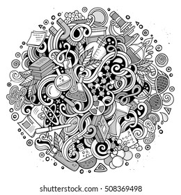 Cartoon cute doodles hand drawn Science illustration. Line art detailed, with lots of objects background. Funny vector artwork