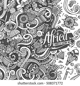 Cartoon cute doodles hand drawn Africa frame design. Line art detailed, with lots of objects background. Funny vector illustration. Sketch border with african items