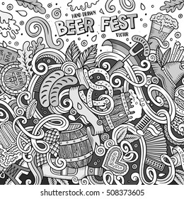 Cartoon cute doodles hand drawn Beer frame design. Line art detailed, with lots of objects background. Funny vector illustration.