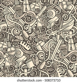 Cartoon cute doodles hand drawn Manicure seamless pattern. line art detailed, with lots of objects background. Endless funny vector illustration. Sketchy backdrop with nail symbols and items