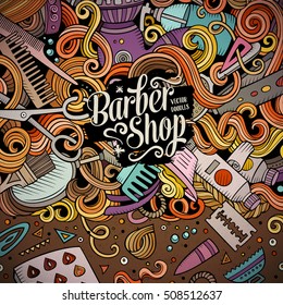 Cartoon cute doodles hand drawn Hair salon frame design. Colorful detailed, with lots of objects background. Funny vector illustration. Bright colors border with Barber shop items