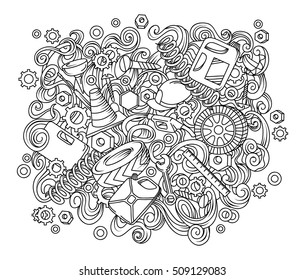 Cartoon cute doodles hand drawn Auto service illustration. Sketch detailed, with lots of objects background.