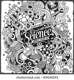 Cartoon cute doodles hand drawn Science illustration. Line art detailed, with lots of objects background. Funny vector artwork