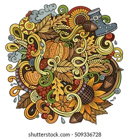Cartoon cute doodles hand drawn autumn illustration. Colorful detailed, with lots of objects background. Funny vector artwork. Bright colors picture with fall season theme items