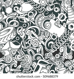 Cartoon cute doodles hand drawn Auto service seamless pattern. Sketch detailed, with lots of objects background.