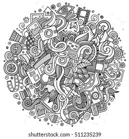 Cartoon cute doodles hand drawn Photo illustration. Line art detailed, with lots of objects background. Funny vector artwork