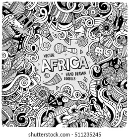 Cartoon cute doodles hand drawn Africa frame design. Line art detailed, with lots of objects background. Funny vector illustration. Sketch border with african items