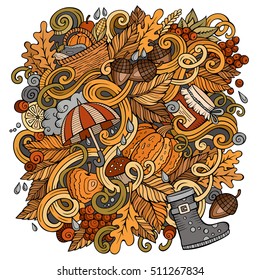 Cartoon cute doodles hand drawn autumn illustration. Colorful detailed, with lots of objects background. Funny vector artwork. Bright colors picture with fall season theme items